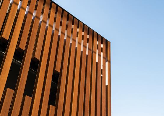 a building with a wood slat