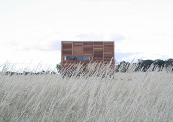 a building in a field of tall grass