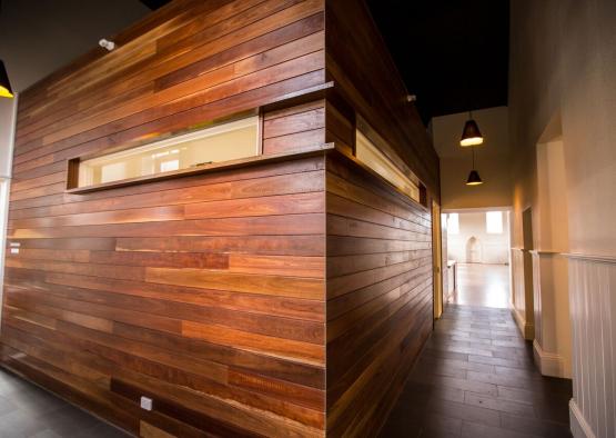 a wood wall in a hallway
