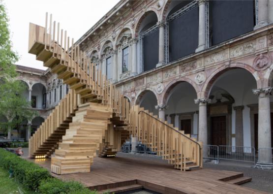a wooden staircase outside a building