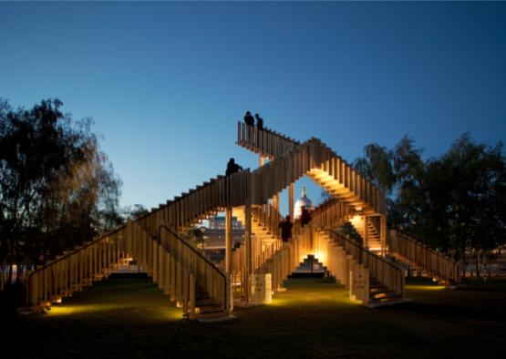 a wooden stairs with lights