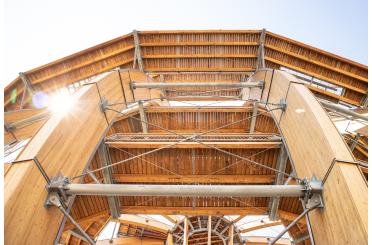 looking up at a wooden tower