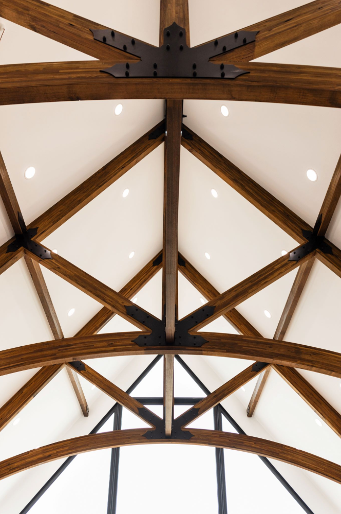 exposed deep coloured timber roof trusses against a curved ceiling