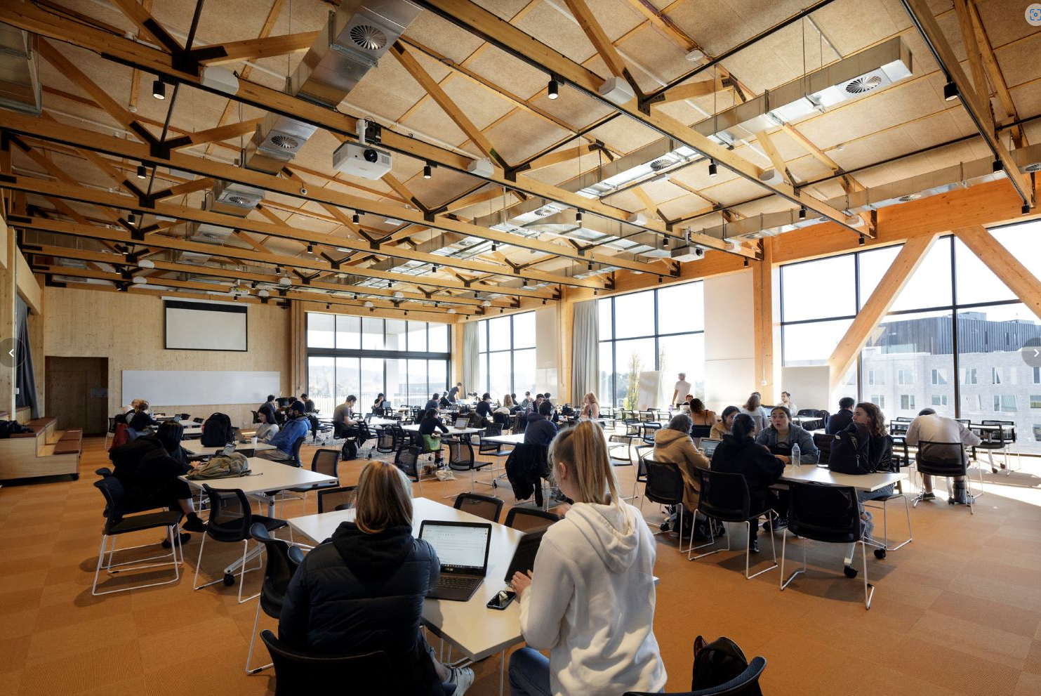 Exposed blonde timber large roof trusses in a educational building