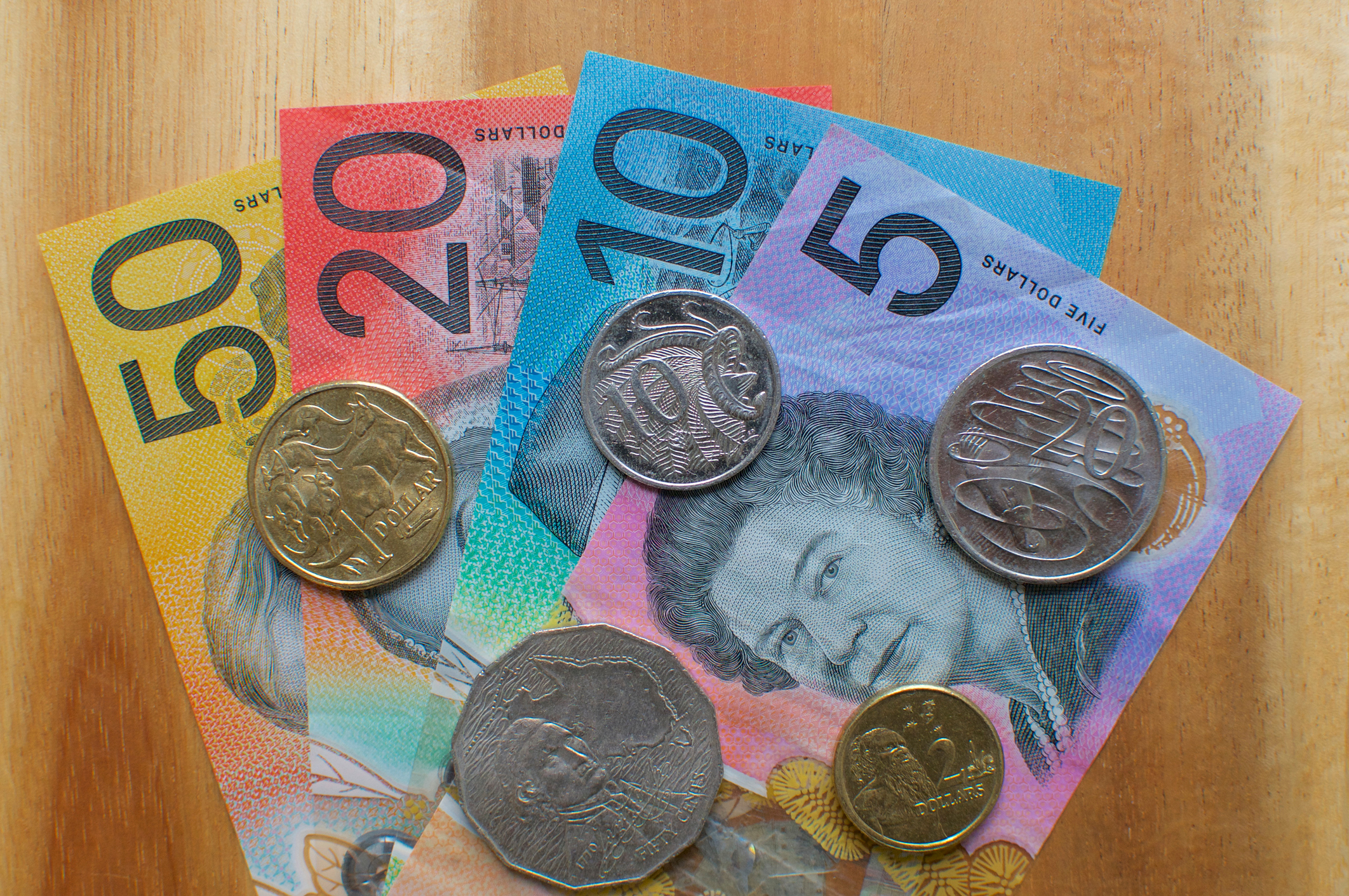 Australian money spread out on table