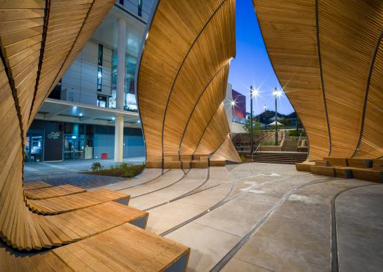 a wooden structure with curved walls