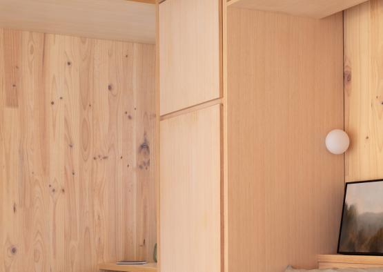 a wooden wall with a bed and a tv