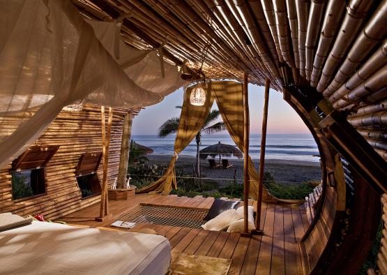 a room with a bed and a hammock on the beach