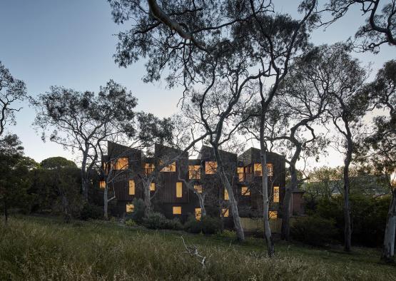 a building with many windows and trees