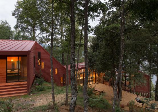a house with a triangular roof and a deck in the woods