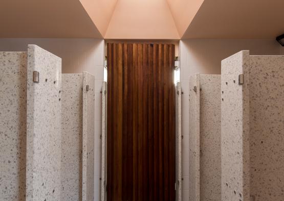 a bathroom with a light in the ceiling