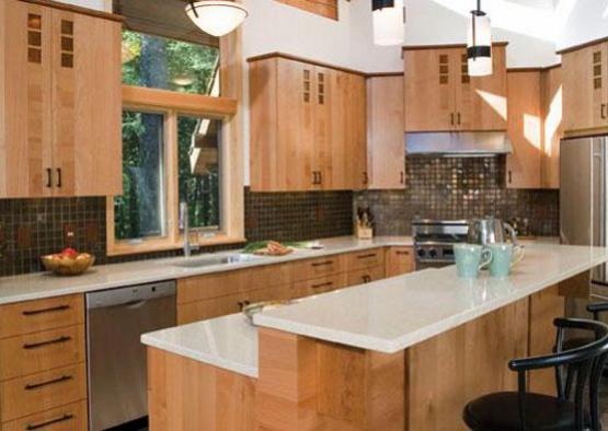 a kitchen with wooden cabinets and a countertop