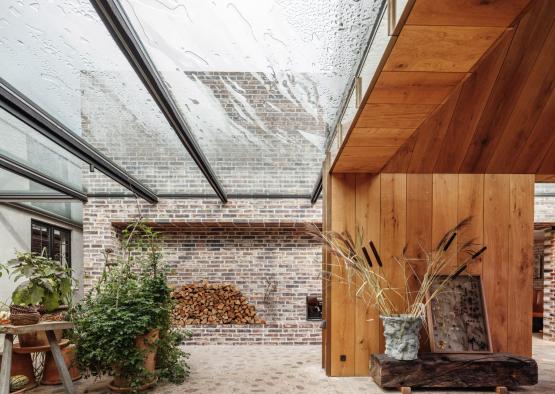 a glass roof with plants in it