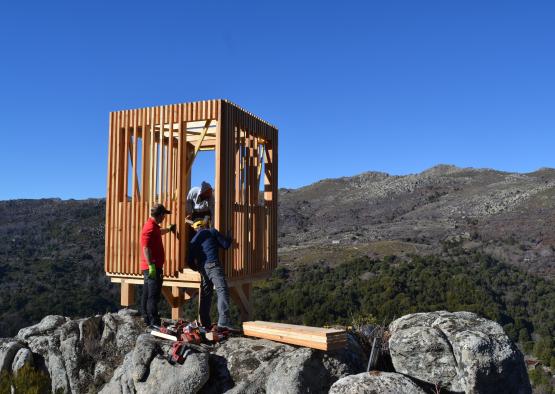 a group of people standing on a wooden structure