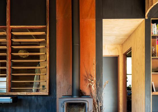 a wood stove in a room