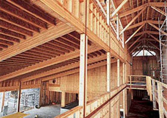 a wooden structure in a building