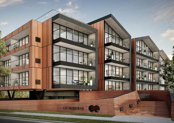 a building with a wood wall and a wooden railing