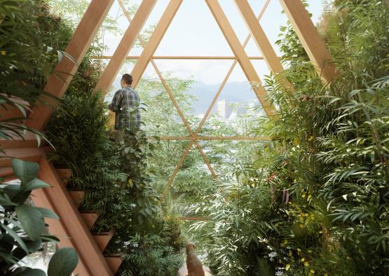 a man standing on a glass structure with plants in it