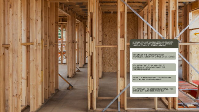 Survey questions against image of timber house frame