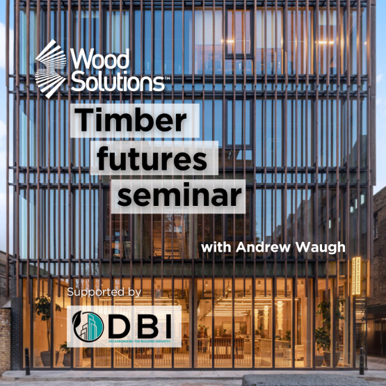 Image of mass timber building. Reads: WoodSolutions Timber Futures Seminar with Andrew Waugh. Supported by DBI.