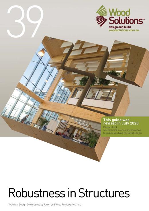 Design guide cover #39 Robustness in Structures with cubed image of large timber building made from mass timber
