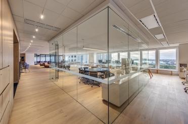 a glass wall inside a building