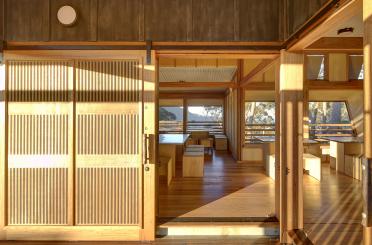 a room with a sliding door