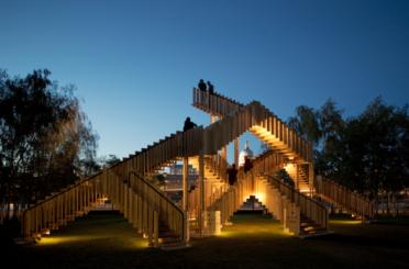 a wooden stairs with lights
